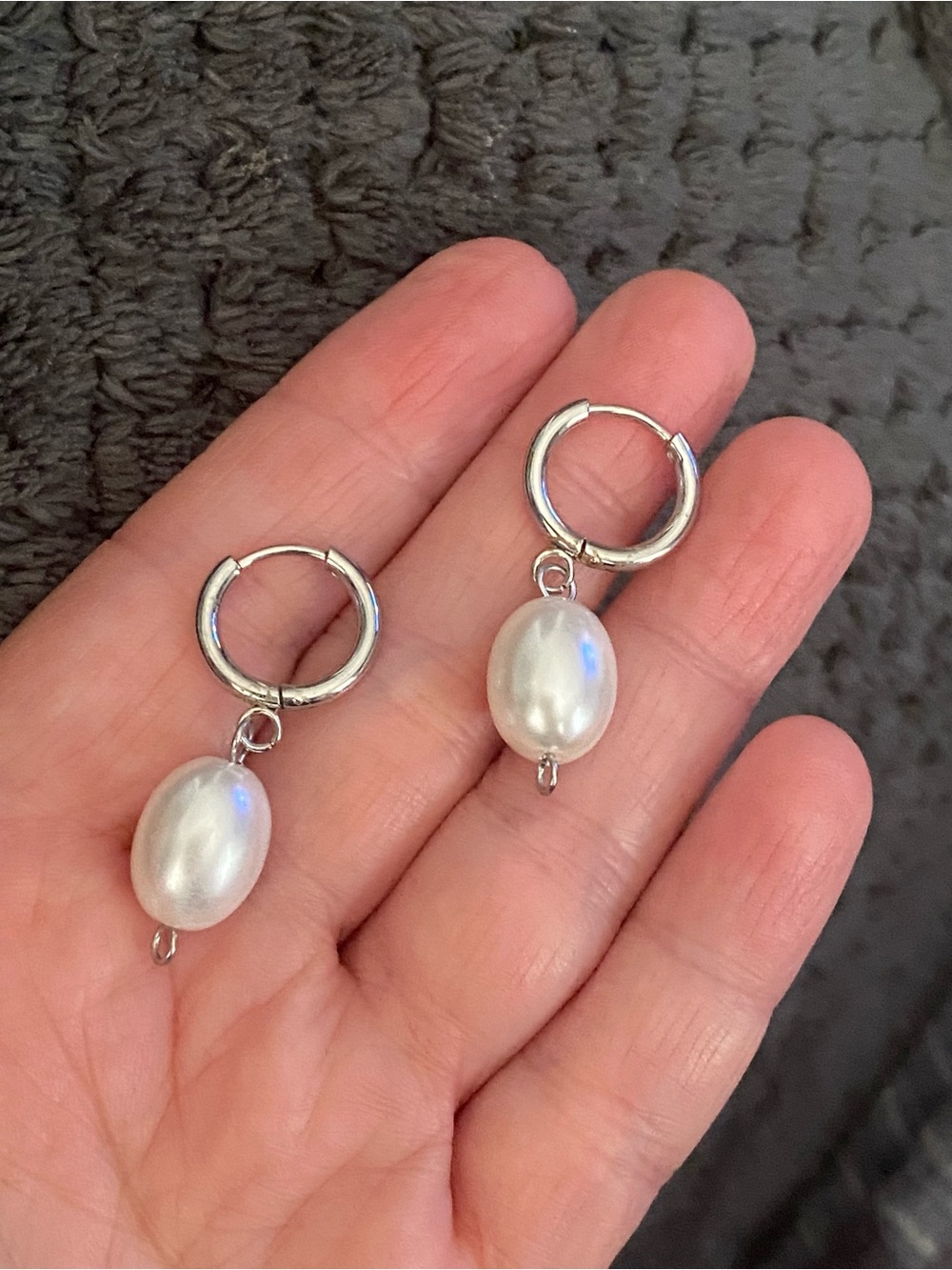 Silver Pearl Drop Hoop Earrings - White Pearl